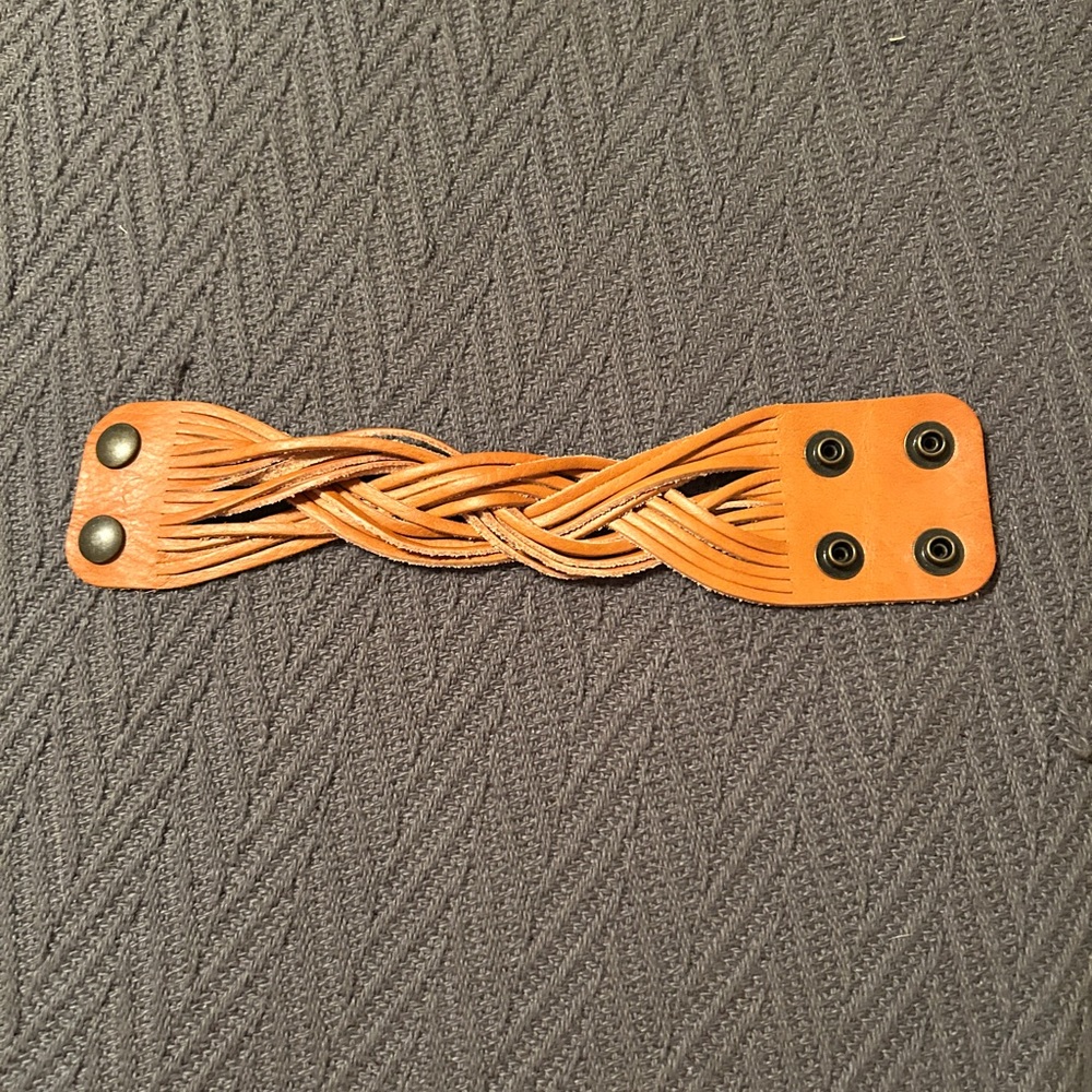 Braided Leather Snap Cuff Bracelet - Tan